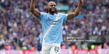 Antoine Semenyo of Manchester City celebrates after scoring their side's first goal during the Emirates FA Cup Final match between Chelsea and Manchester City (Photo by Alex Livesey - Danehouse/Getty Images)
