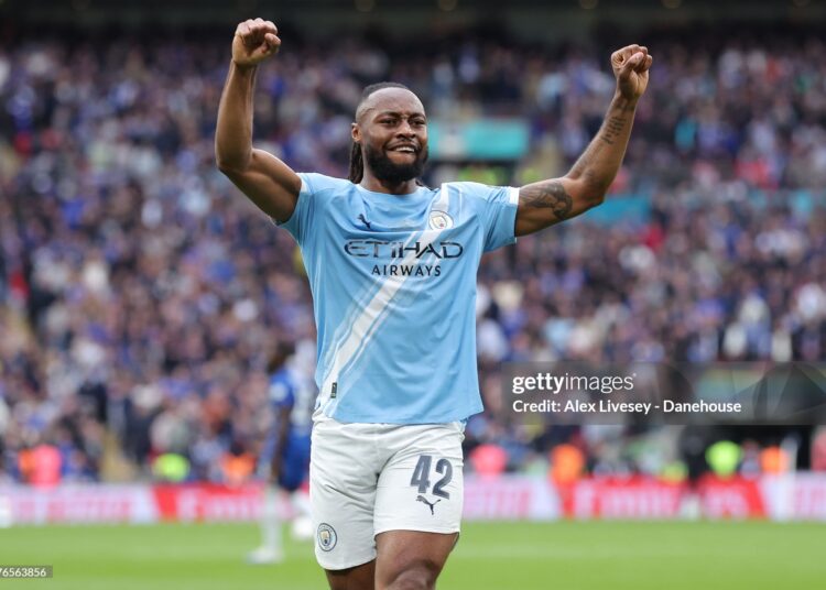 Antoine Semenyo of Manchester City celebrates after scoring their side's first goal during the Emirates FA Cup Final match between Chelsea and Manchester City (Photo by Alex Livesey - Danehouse/Getty Images)