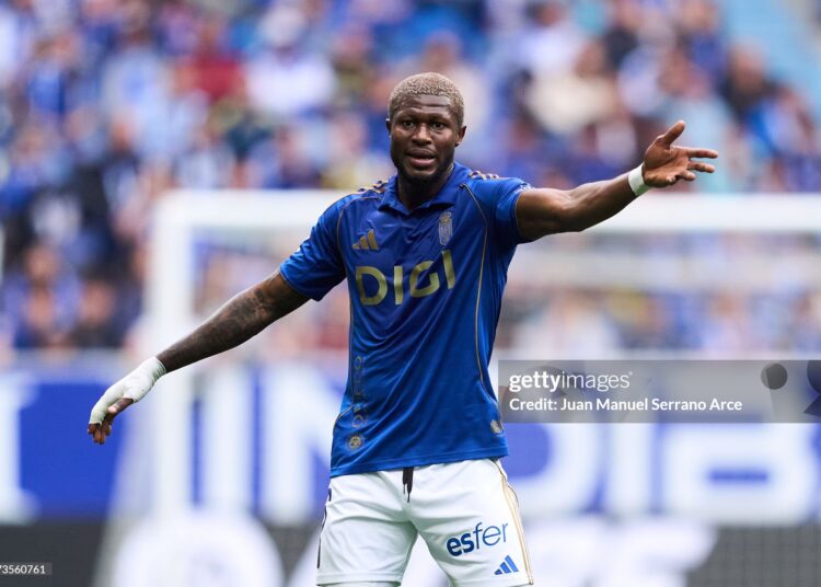Kwasi Sibo of Real Oviedo reacts during the LaLiga EA Sports match between Real Oviedo and Elche CF (Photo by Juan Manuel Serrano Arce/Getty Images)
