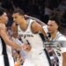 Victor Wembanyama #1 of the San Antonio Spurs is congratulated by Dylan Harper #2 and Stephon Castle #5 after scoring a basket against the Oklahoma City Thunder during the second quarter in Game Four of the NBA Western Conference Finals (Photo by Alex Slitz/Getty Images)