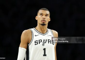 Victor Wembanyama #1 of the San Antonio Spurs looks on during the first quarter against the Minnesota Timberwolves in Game Four of the Second Round of the NBA Western Conference Playoffs (Photo by David Berding/Getty Images)