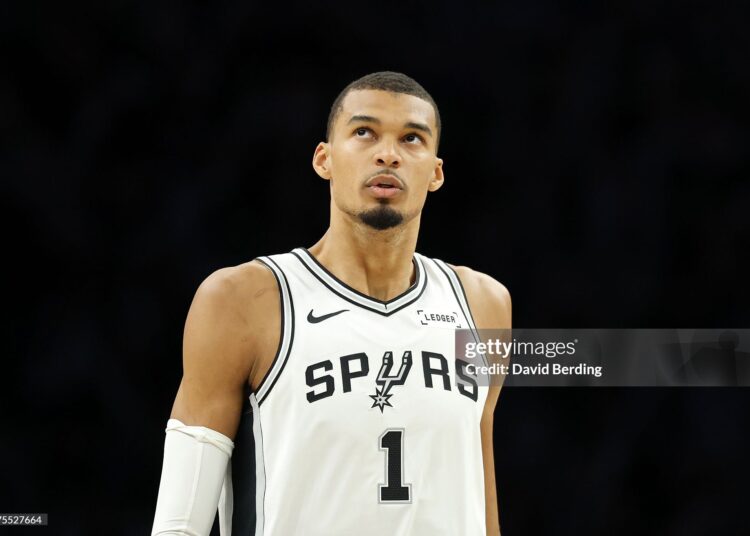 Victor Wembanyama #1 of the San Antonio Spurs looks on during the first quarter against the Minnesota Timberwolves in Game Four of the Second Round of the NBA Western Conference Playoffs (Photo by David Berding/Getty Images)