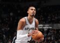 Victor Wembanyama #1 of the San Antonio Spurs shoots a free throw during the game against the Minnesota Timberwolves during Round Two Game Three of the 2026 NBA Playoffs (Photo by David Sherman/NBAE via Getty Images)
