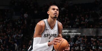 Victor Wembanyama #1 of the San Antonio Spurs shoots a free throw during the game against the Minnesota Timberwolves during Round Two Game Three of the 2026 NBA Playoffs (Photo by David Sherman/NBAE via Getty Images)