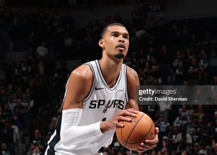 Victor Wembanyama #1 of the San Antonio Spurs shoots a free throw during the game against the Minnesota Timberwolves during Round Two Game Three of the 2026 NBA Playoffs (Photo by David Sherman/NBAE via Getty Images)