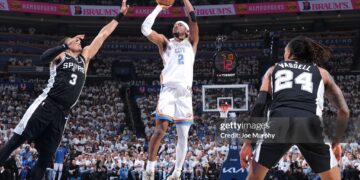 Shai Gilgeous-Alexander #2 of the Oklahoma City Thunder shoots the ball during the game against the San Antonio Spurs during Game Five of the NBA Western Conference Finals (Photo by Joe Murphy/NBAE via Getty Images)