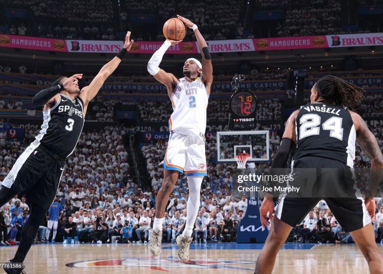 Shai Gilgeous-Alexander #2 of the Oklahoma City Thunder shoots the ball during the game against the San Antonio Spurs during Game Five of the NBA Western Conference Finals (Photo by Joe Murphy/NBAE via Getty Images)