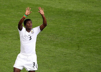 Asamoah Gyan of Ghana waves to fans after victory in the 2010 FIFA World Cup South Africa Group D match between Serbia and Ghana at Loftus Versfeld Stadium on June 13, 2010 in Pretoria, South Africa.  Photo by Ezra Shaw/Getty Images