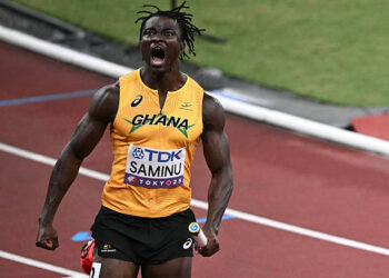 Ghana's Abdul-Rasheed Saminu reacts after the men's 4x100m relay heats during the World Athletics Championships in Tokyo on September 20, 2025. Photo by PHILIP FONG/AFP via Getty Images