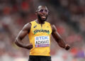 Benjamin Azamati of Team Ghana celebrates after teammate Abdul-Rasheed Saminu (not pictured) crosses the finish line in the Men's 4x100m Relay Heats on day eight of the World Athletics Championships Tokyo 2025 at National Stadium on September 20, 2025 in Tokyo, Japan. Photo by Christian Petersen/Getty Images