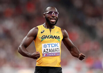 Benjamin Azamati of Team Ghana celebrates after teammate Abdul-Rasheed Saminu (not pictured) crosses the finish line in the Men's 4x100m Relay Heats on day eight of the World Athletics Championships Tokyo 2025 at National Stadium on September 20, 2025 in Tokyo, Japan. Photo by Christian Petersen/Getty Images