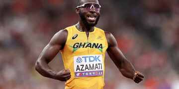 Benjamin Azamati of Team Ghana celebrates after teammate Abdul-Rasheed Saminu (not pictured) crosses the finish line in the Men's 4x100m Relay Heats on day eight of the World Athletics Championships Tokyo 2025 at National Stadium on September 20, 2025 in Tokyo, Japan. Photo by Christian Petersen/Getty Images