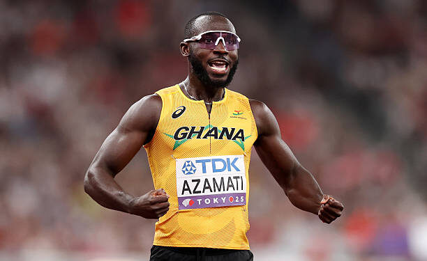 Benjamin Azamati of Team Ghana celebrates after teammate Abdul-Rasheed Saminu (not pictured) crosses the finish line in the Men's 4x100m Relay Heats on day eight of the World Athletics Championships Tokyo 2025 at National Stadium on September 20, 2025 in Tokyo, Japan. Photo by Christian Petersen/Getty Images