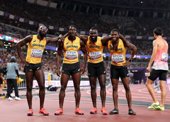 Team Ghana pose for a photo after competing in the Men's 4x100 Metres Relay Heat. Photo by Christian Petersen/Getty Images)