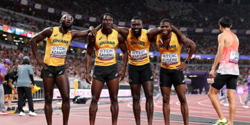 Team Ghana pose for a photo after competing in the Men's 4x100 Metres Relay Heat. Photo by Christian Petersen/Getty Images)