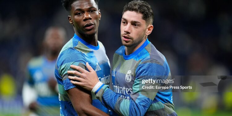 Aurelien Tchouameni and Federico Valverde of Real Madrid CF warms up during the Spanish League, LaLiga EA Sports, football match played between Real Madrid and Elche CF (Photo By Oscar J. Barroso/Europa Press via Getty Images)