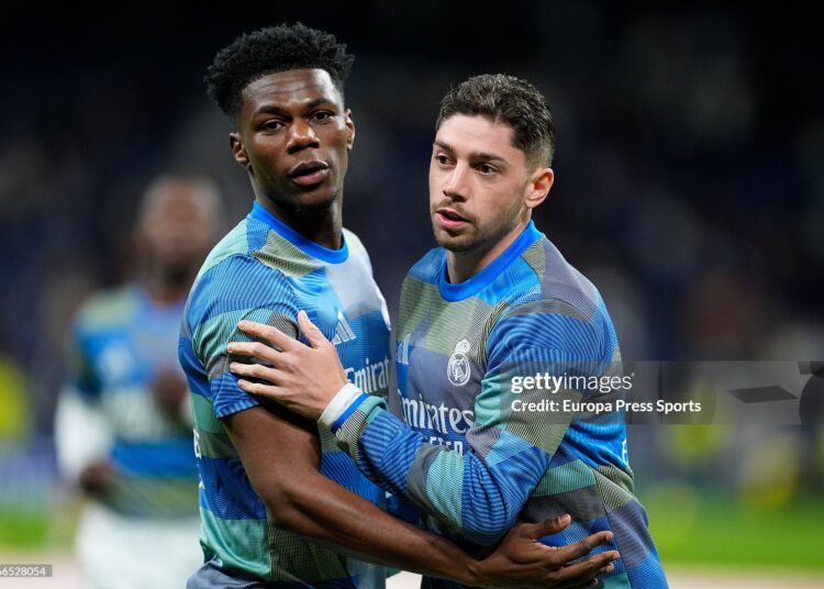 Aurelien Tchouameni and Federico Valverde of Real Madrid CF warms up during the Spanish League, LaLiga EA Sports, football match played between Real Madrid and Elche CF (Photo By Oscar J. Barroso/Europa Press via Getty Images)