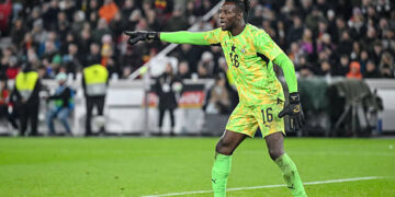 Goalkeeper Benjamin Asare of Ghana gestures during the international friendly match between Germany and Ghana at MHP Arena on March 30, 2026 in Stuttgart, Germany. Photo by Harry Langer/DeFodi Images/DeFodi via Getty Images
