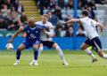 Leicester City's Jordan Ayew shields the ball from Preston North End's Lewis Gibson with Ben Whiteman close by
 during the Sky Bet Championship match between Leicester City and Preston North End at The King Power Stadium on April 3, 2026 in Leicester, United Kingdom. Photo by Lee Parker - CameraSport via Getty Images