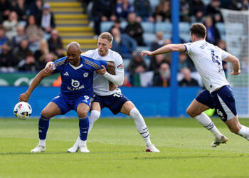 Leicester City's Jordan Ayew shields the ball from Preston North End's Lewis Gibson with Ben Whiteman close by
during the Sky Bet Championship match between Leicester City and Preston North End at The King Power Stadium on April 3, 2026 in Leicester, United Kingdom. Photo by Lee Parker - CameraSport via Getty Images