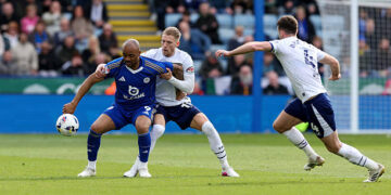 Leicester City's Jordan Ayew shields the ball from Preston North End's Lewis Gibson with Ben Whiteman close by
 during the Sky Bet Championship match between Leicester City and Preston North End at The King Power Stadium on April 3, 2026 in Leicester, United Kingdom. Photo by Lee Parker - CameraSport via Getty Images