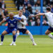 Leicester City's Jordan Ayew shields the ball from Preston North End's Lewis Gibson with Ben Whiteman close by
during the Sky Bet Championship match between Leicester City and Preston North End at The King Power Stadium on April 3, 2026 in Leicester, United Kingdom. Photo by Lee Parker - CameraSport via Getty Images