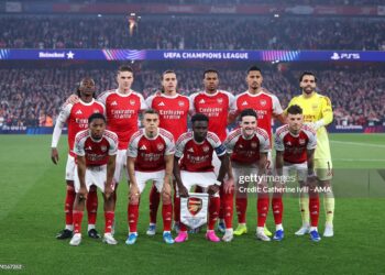 Arsenal team group photo during the UEFA Champions League 2025/26 Semi Final Second Leg match between Arsenal FC and Atletico de Madrid (Photo by Catherine Ivill - AMA/Getty Images)