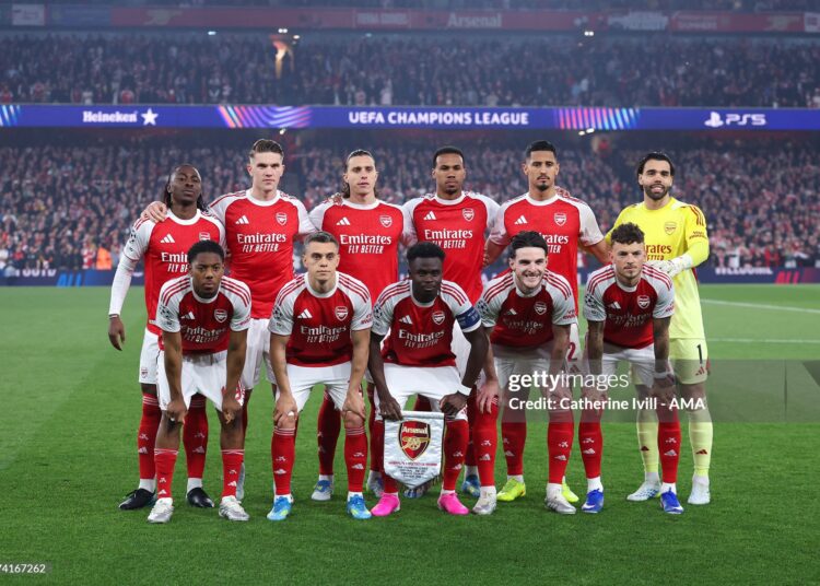 Arsenal team group photo during the UEFA Champions League 2025/26 Semi Final Second Leg match between Arsenal FC and Atletico de Madrid (Photo by Catherine Ivill - AMA/Getty Images)