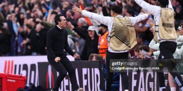 Unai Emery manger / head coach of Aston Villa celebrates during the UEFA Europa League 2025/26 Semi-Final Second Leg match between Aston Villa FC and Nottingham Forest FC (Photo by Robbie Jay Barratt - AMA/Getty Images)