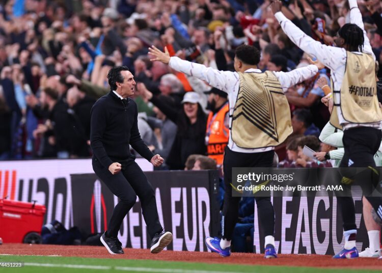 Unai Emery manger / head coach of Aston Villa celebrates during the UEFA Europa League 2025/26 Semi-Final Second Leg match between Aston Villa FC and Nottingham Forest FC (Photo by Robbie Jay Barratt - AMA/Getty Images)