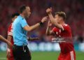 Joshua Kimmich of FC Bayern Munich reacts towards Referee Joao Pinheiro as he appeals for a penalty during the UEFA Champions League 2025/26 Semi Final Second Leg match between FC Bayern München and Paris Saint-Germain (Photo by Adam Pretty/Getty Images)
