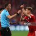 Joshua Kimmich of FC Bayern Munich reacts towards Referee Joao Pinheiro as he appeals for a penalty during the UEFA Champions League 2025/26 Semi Final Second Leg match between FC Bayern München and Paris Saint-Germain (Photo by Adam Pretty/Getty Images)