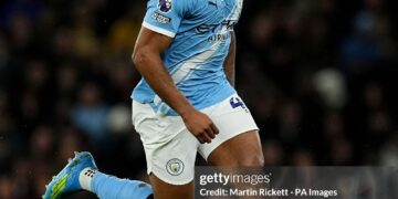 Manchester City's Antoine Semenyo during the Premier League match (Photo by Martin Rickett/PA Images via Getty Images)