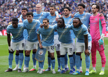 Players of Manchester City pose for a team group photograph ahead of the Emirates FA Cup Final match between Chelsea and Manchester City on May 16, 2026 in London, England. Photo by Alex Livesey - Danehouse/Getty Images