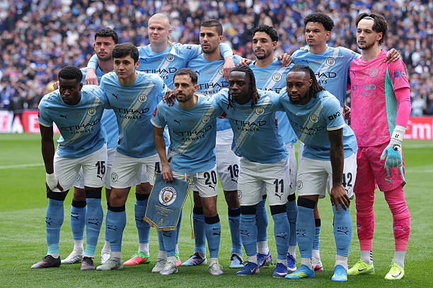 Players of Manchester City pose for a team group photograph ahead of the Emirates FA Cup Final match between Chelsea and Manchester City on May 16, 2026 in London, England. Photo by Alex Livesey - Danehouse/Getty Images
