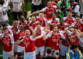 Kai Havertz, William Saliba, Eberechi Eze, David Raya, Declan Rice, Riccardo Calafiori, Max Dowman, Cristhian Mosquera, Viktor Gyokeres, Piero Hincapie, Ben White of Arsenal celebrate during the Premier League match between Crystal Palace and Arsenal at Selhurst Park on May 24, 2026 in London, United Kingdom. Photo by Sebastian Frej/Getty Images.