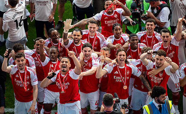 Kai Havertz, William Saliba, Eberechi Eze, David Raya, Declan Rice, Riccardo Calafiori, Max Dowman, Cristhian Mosquera, Viktor Gyokeres, Piero Hincapie, Ben White of Arsenal celebrate during the Premier League match between Crystal Palace and Arsenal at Selhurst Park on May 24, 2026 in London, United Kingdom. Photo by Sebastian Frej/Getty Images.