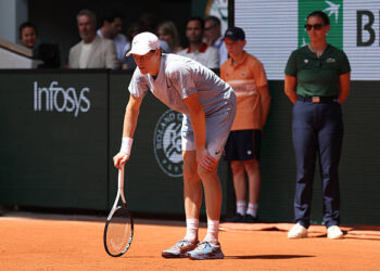 Jannik Sinner of Italy reacts in his Men's Singles second round match against Juan Manuel Cerundolo of Argentina during Day Five of the 2026 French Open at Roland Garros on May 28, 2026 in Paris, France. Photo by Matthew Stockman/Getty Images.