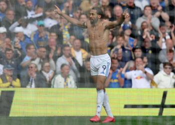Dominic Calvert-Lewin of Leeds United celebrates scoring his team's first goal during the Premier League match between Leeds United and Brighton & Hove Albion at Elland Road on May 17, 2026 in Leeds, England. (Photo by Nathan Stirk/Getty Images)