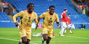 Caleb Yirenkyi celebrates after scoring goal against Wales Photo Courtesy: GFA