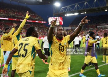 TORONTO, ONTARIO - JUNE 17: Prince Adu #25 and Brandon Thomas-Asante #10 of Ghana celebrate the team's 1-0 victory in the FIFA World Cup 2026 Group L match between Ghana and Panama at Toronto Stadium on June 17, 2026 in Toronto, Ontario. (Photo by Ezra Shaw - FIFA/FIFA via Getty Images)