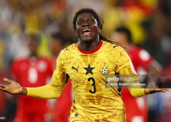 TORONTO, ONTARIO - JUNE 17: Caleb Yirenkyi #3 of Ghana celebrates after scoring his team's first goal during the FIFA World Cup 2026 Group L match between Ghana and Panama at Toronto Stadium on June 17, 2026 in Toronto, Ontario. (Photo by Robert Cianflone/Getty Images)
