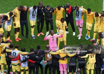 Players of Ghana  huddle after the scoreless draw in the FIFA World Cup 2026 Group L match between England and Ghana at Boston Stadium on June 23, 2026 in Foxborough, Massachusetts. (Photo by Mattia Ozbot/Getty Images)