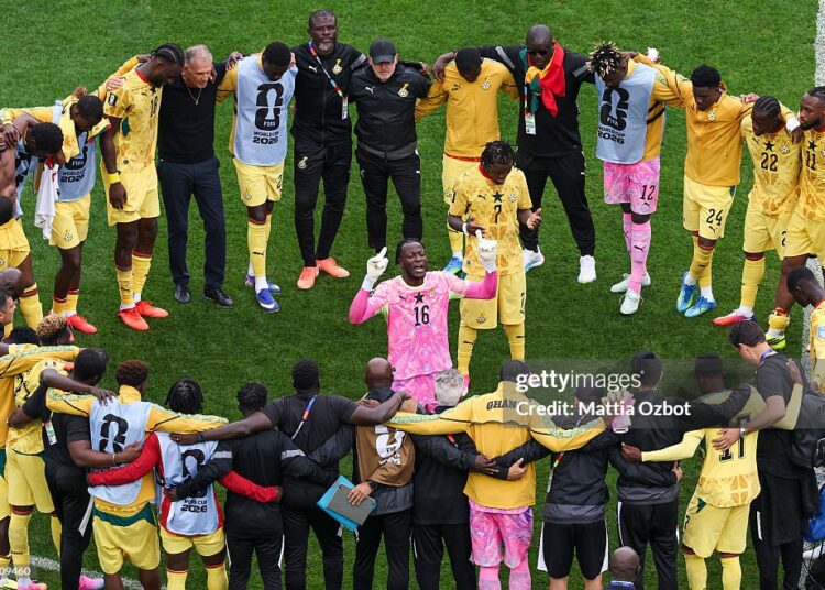 Players of Ghana  huddle after the scoreless draw in the FIFA World Cup 2026 Group L match between England and Ghana at Boston Stadium on June 23, 2026 in Foxborough, Massachusetts. (Photo by Mattia Ozbot/Getty Images)