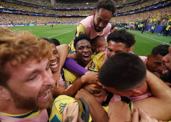 Gabriel Martinelli #22 of Brazil celebrates with teammates after scoring the team's second goal during the FIFA World Cup 2026 Round Of 32 match between Brazil and Japan at Houston Stadium on June 29, 2026 in Houston, Texas. (Photo by Lars Baron/Getty Images)