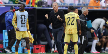 Carlos Queiroz, head coach of Ghana, celebrates after the FIFA World Cup 2026 Group L match between England and Ghana at Boston Stadium on June 23, 2026 in Foxborough, Massachusetts. (Photo by James Gill - Danehouse/Getty Images)