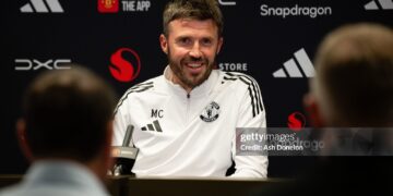 Head Coach Michael Carrick of Manchester United speaks during a press conference at Carrington Training Ground (Photo by Ash Donelon/Manchester United via Getty Images)