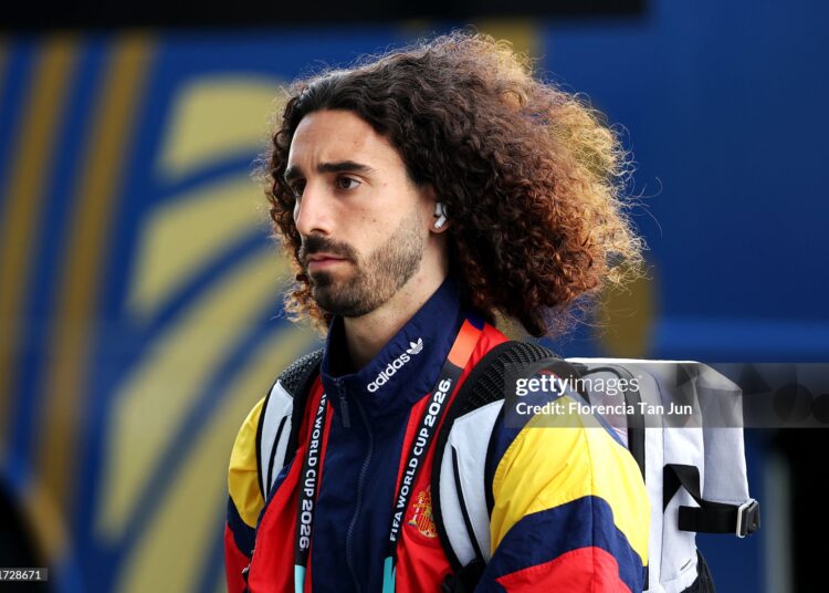 ATLANTA, GEORGIA - JUNE 15: Marc Cucurella #24 of Spain arrives before the FIFA World Cup 2026 Group H match between Spain and Cabo Verde at Atlanta Stadium on June 15, 2026 in Atlanta, Georgia. (Photo by Florencia Tan Jun/Getty Images)