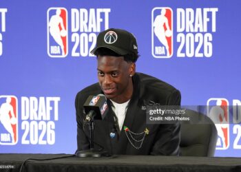 AJ Dybantsa is interviewed after being drafted first overall by the Washington Wizards during the 2026 NBA Draft - Round One (Photo by Avery J. Munroe/NBAE via Getty Images)