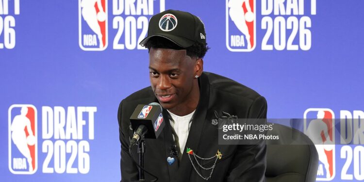 AJ Dybantsa is interviewed after being drafted first overall by the Washington Wizards during the 2026 NBA Draft - Round One (Photo by Avery J. Munroe/NBAE via Getty Images)